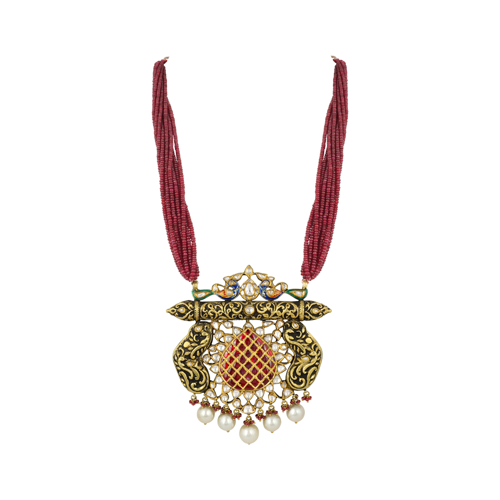 Partash Gold Necklace with Polki, Ruby Beads, and Peacock Motif